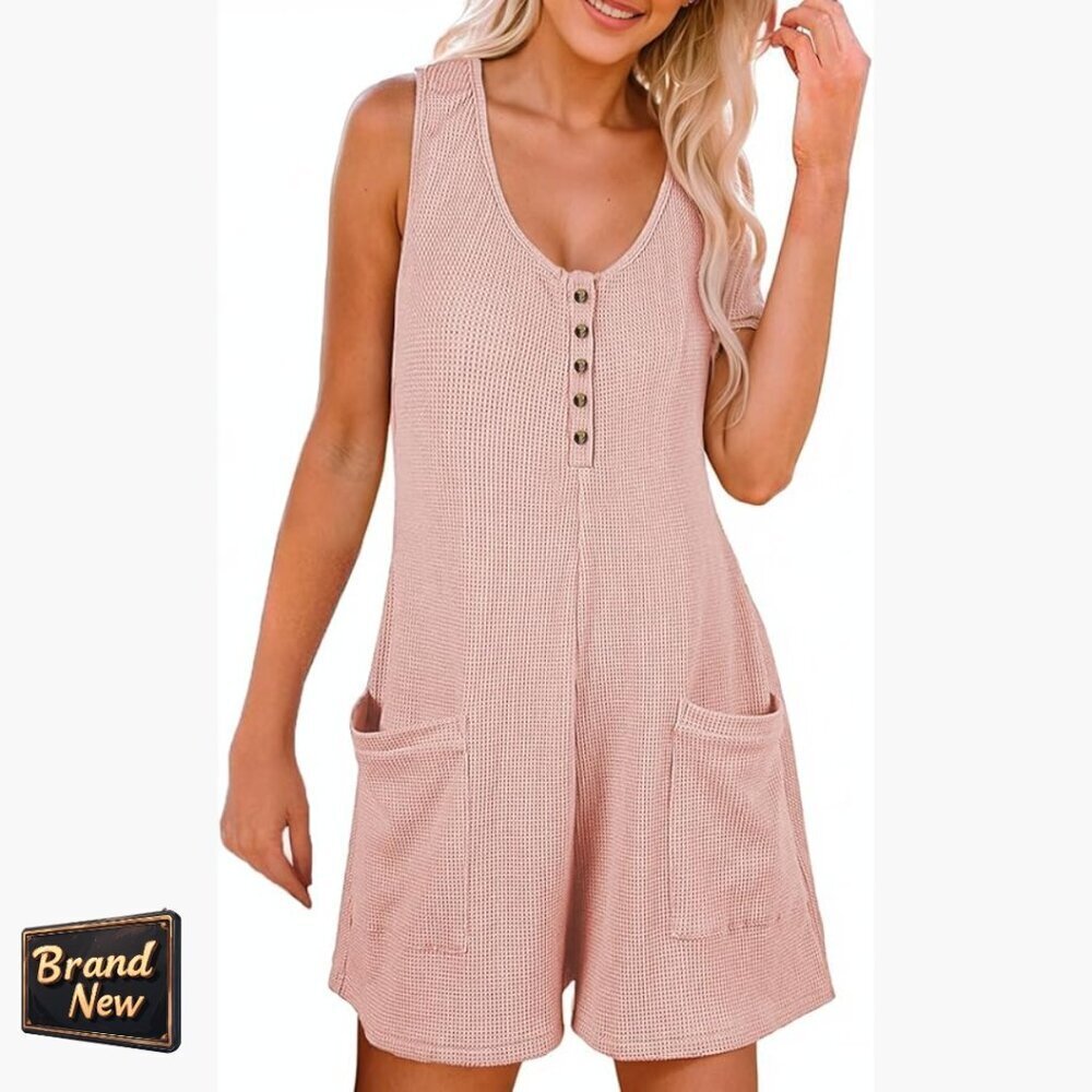 X-Large Sleeveless Romper with Pockets, Button Front, Summer Casual
